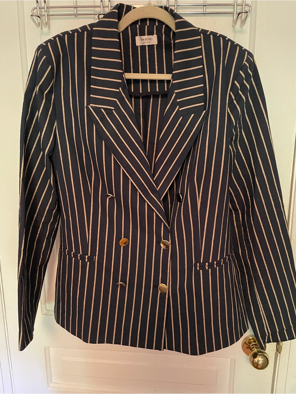 Via Bovio Stripe Double-Breasted Blazer Navy & Gold Metallic Stripes